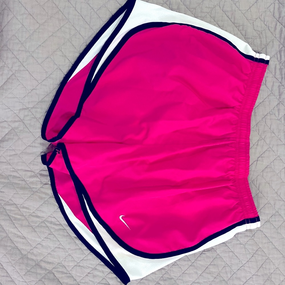 Nike tempo dry fit running shorts pink,  white side panels, black trim. Medium